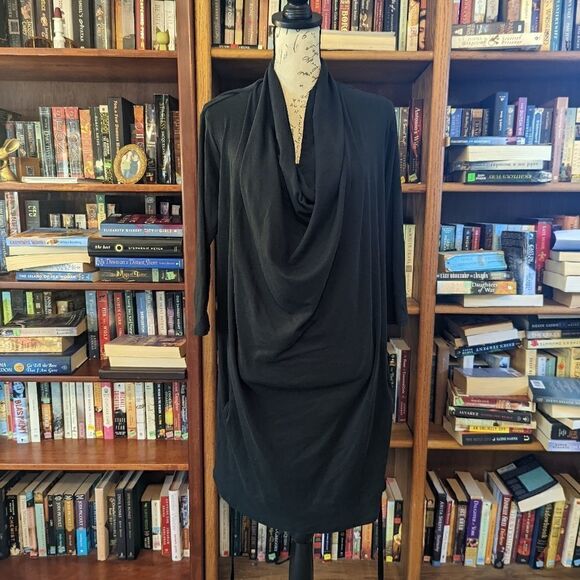 𝅺indigenous tie up bottom cowl neck draped long sleeve tunic dress sz m nwot blk - Picture 3 of 5